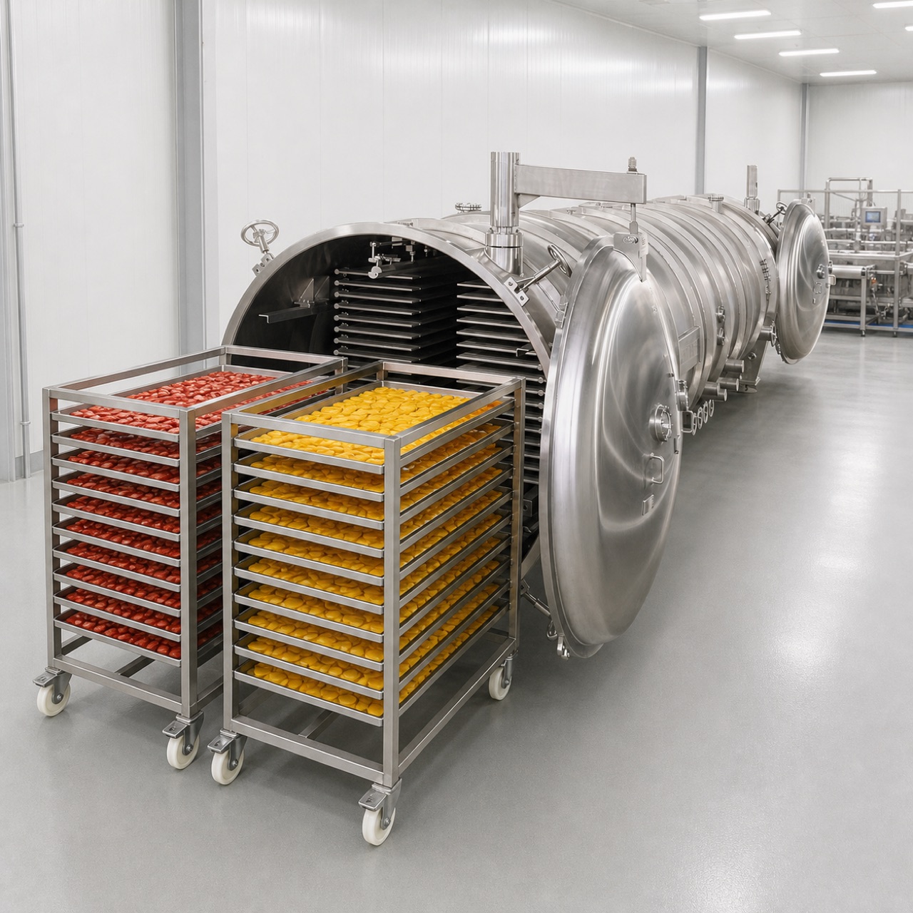 industrial food freeze dryer factory with fruit carts and cylindrical FFD chamber