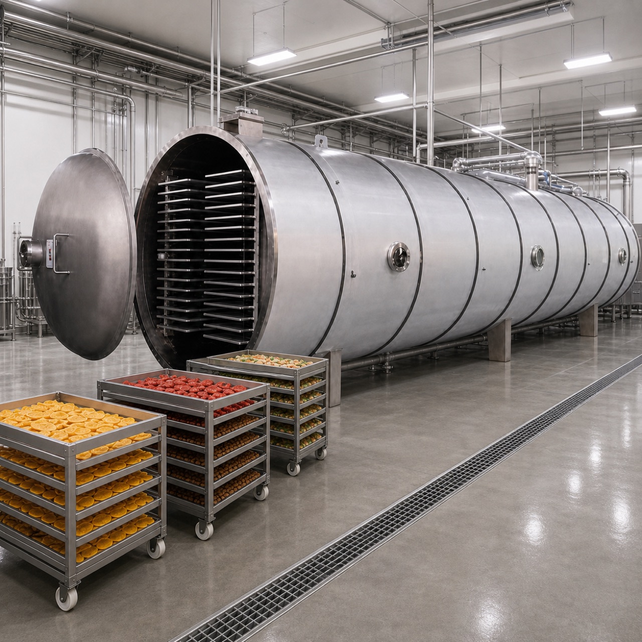 large food freeze dryer loading lane with several product carts