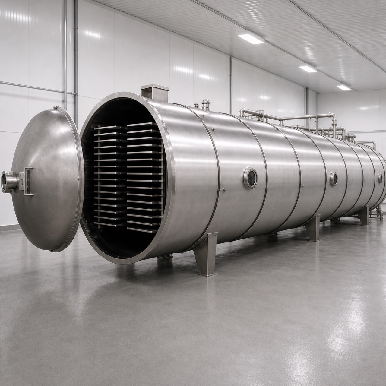 large cylindrical industrial food freeze dryer chamber in production room